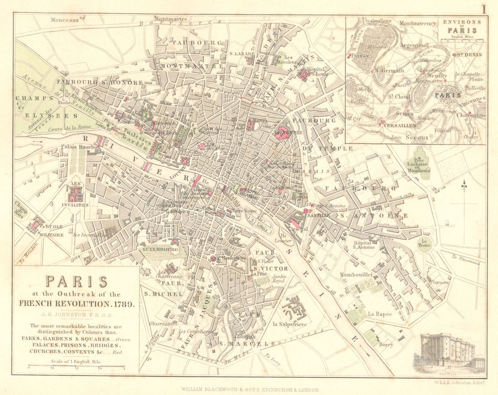 PARIS at Outbreak of Revolution 1789. French Revolutionary Wars 1848 old map