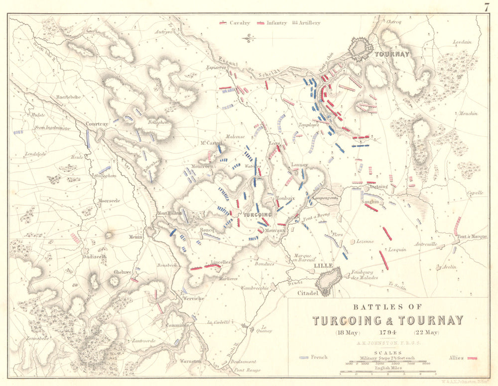 BATTLES OF TURCOING & TOURNAY. 18-22 May 1794. Nord. Lille 1848 old map