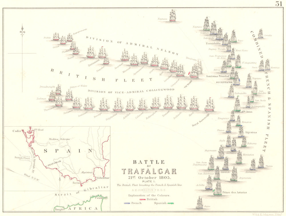BATTLE OF TRAFALGAR. 21st October 1805 - sheet 1. Spain 1848 old antique map