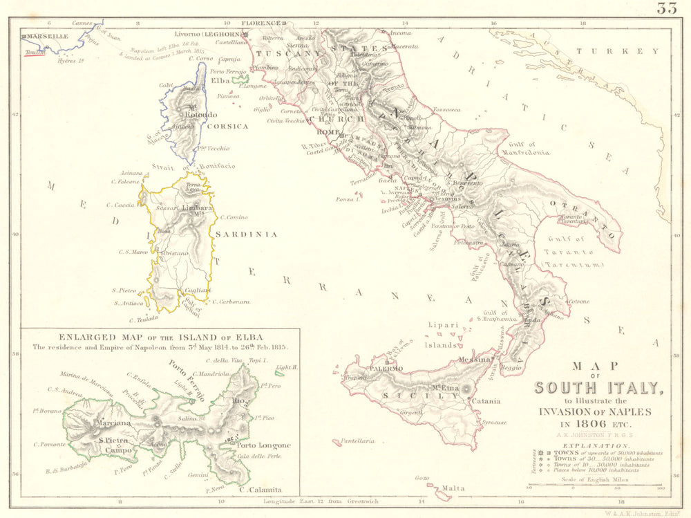 INVASION OF NAPLES 1806. Napoleonic Wars. Elba. Southern Italy 1848 old map
