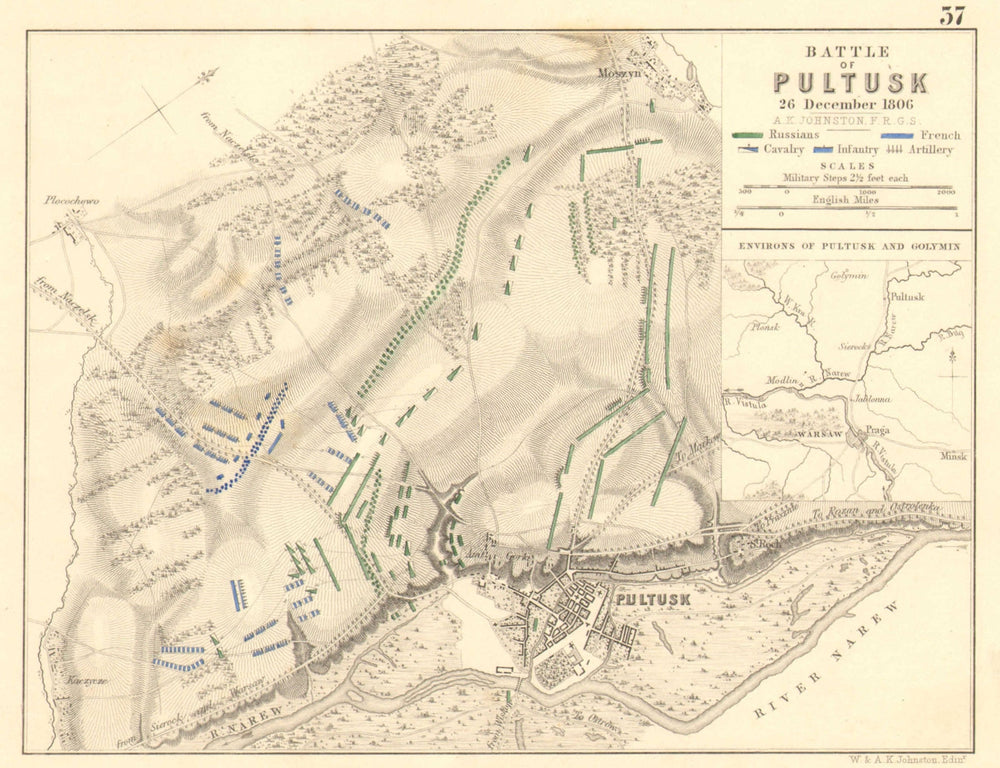 BATTLE OF PULTUSK. 26th December 1806. Poland. Napoleonic Wars 1848 old map