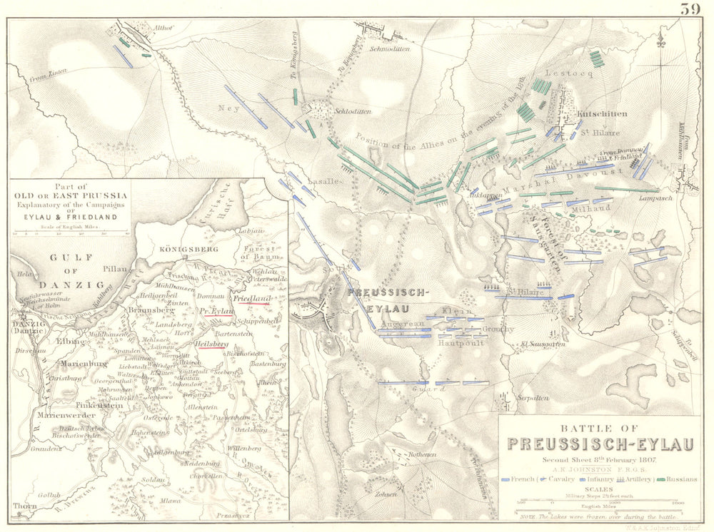 BATTLE OF PREUSSISCH-EYLAU. BAGRATIONOVSK 1807 Prussia Pravdinsk Russia 1848 map