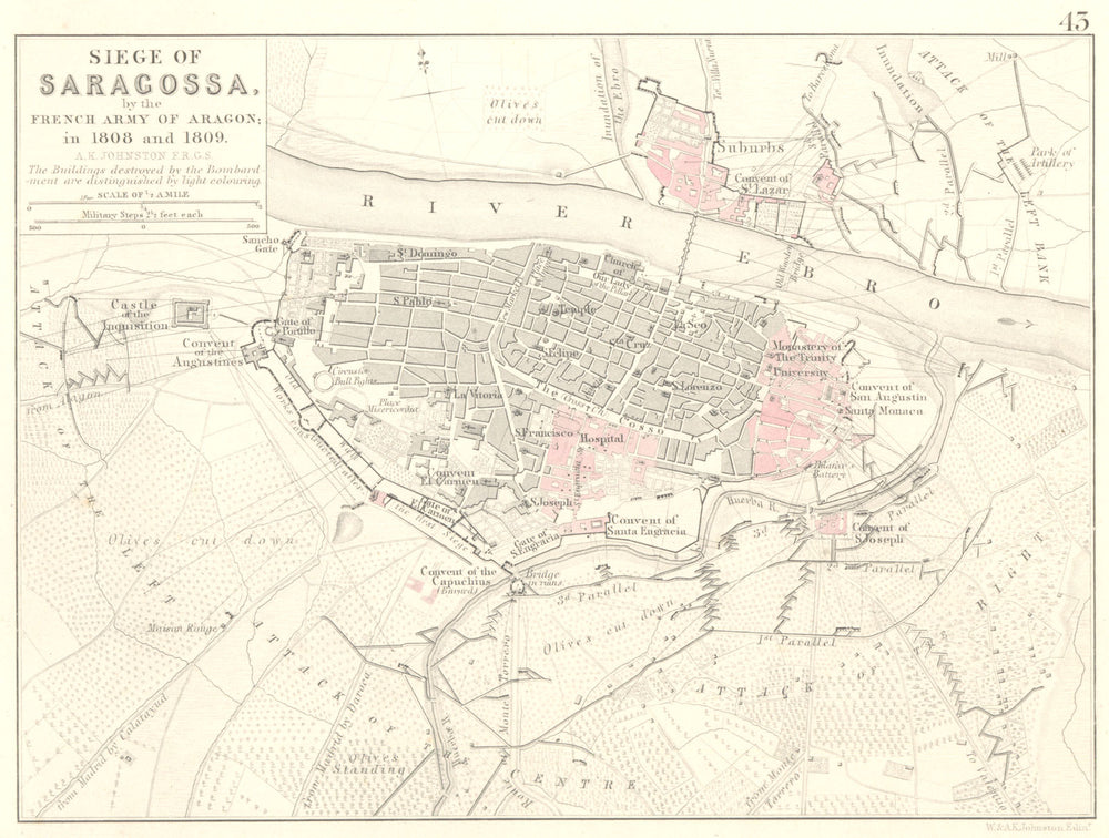 SIEGE OF ZARAGOZA BY THE FRENCH ARMY OF ARAGON. Saragossa. 1808/1809 1848 map