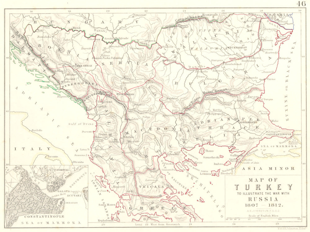 TURKEY. Map to Illustrate the war with Russia 1807-1812. Balkans Greece 1848