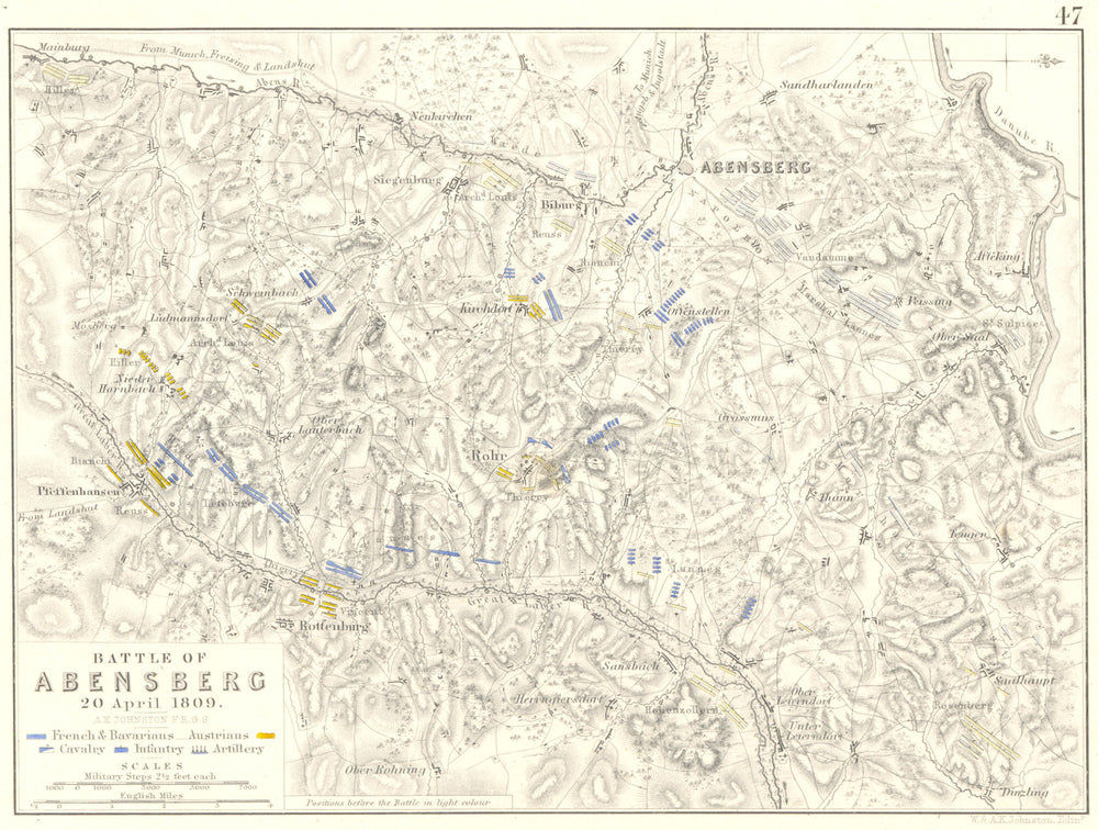 BATTLE OF ABENSBERG. 20th April 1809. Germany. Napoleonic Wars 1848 old map