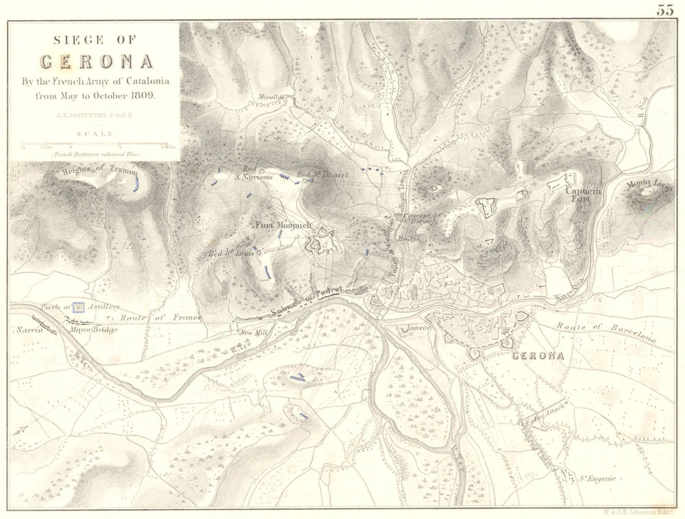 SIEGE OF GERONA. French army Catalonia Catalunya May-Oct 1809. Spain 1848 map