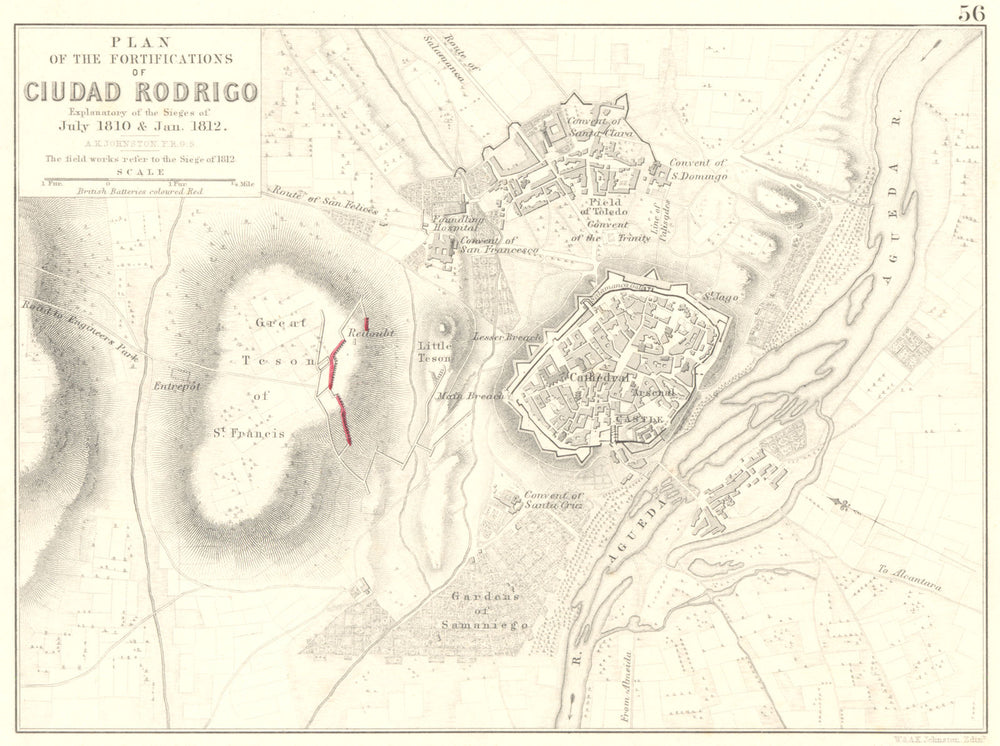 SIEGE OF CIUDAD RODRIGO. July 1810 & Jan 1812. Napoleonic Wars 1848 old map