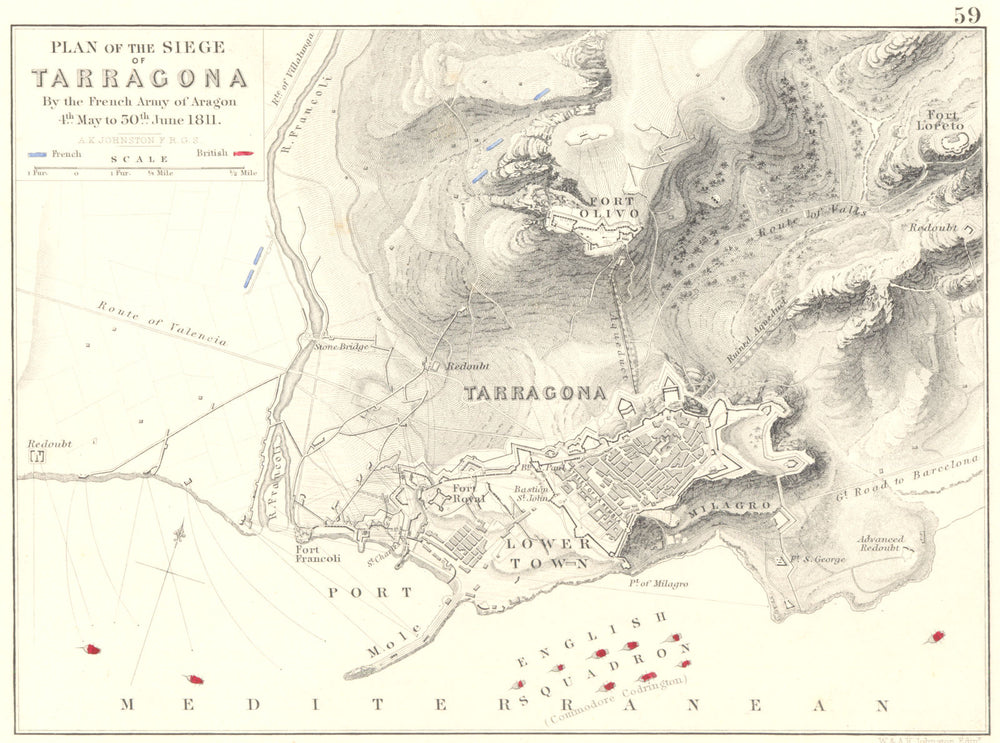 SIEGE OF TARRAGONA. French Army Aragon 4 May-30 June 1811. Spain 1848 old map