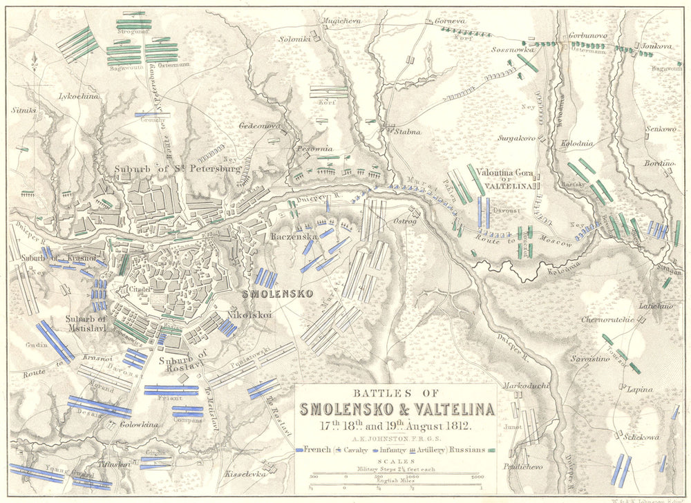 BATTLES OF SMOLENSK & VALTELINA. 17th, 18th & 19th August 1812. Russia 1848 map