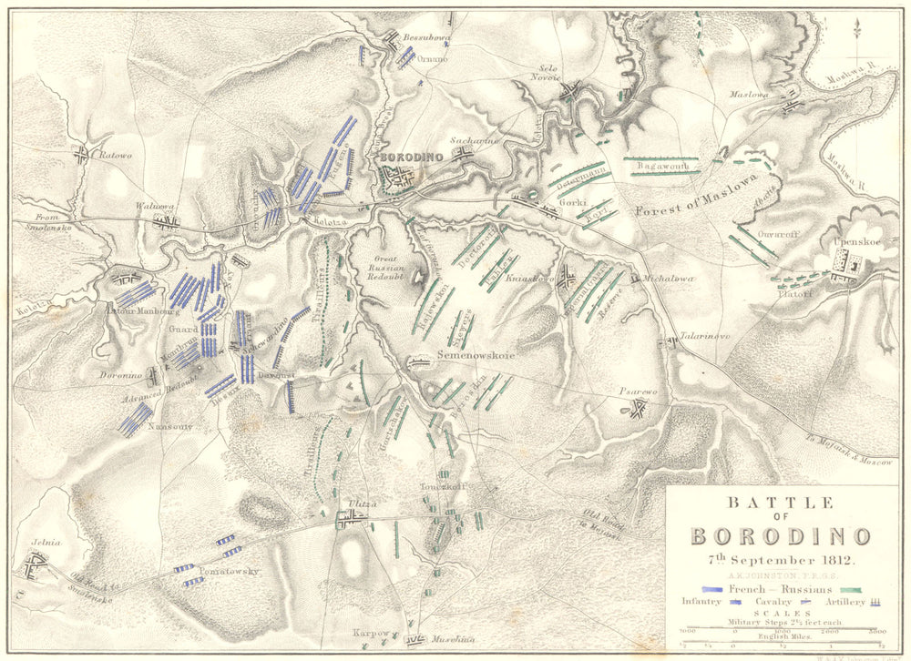 BATTLE OF BORODINO. 7th September 1812. Russia. Napoleonic Wars 1848 old map