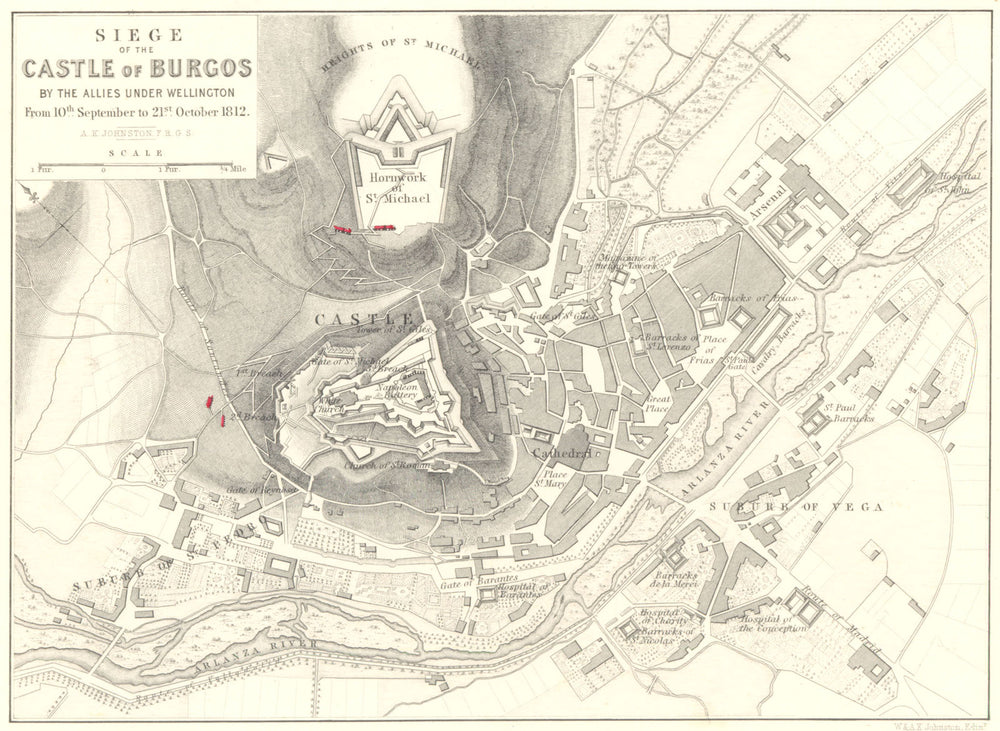 SIEGE OF BURGOS CASTLE. Allies Wellington 10 Sep- 21 Oct 1812 1848 old map