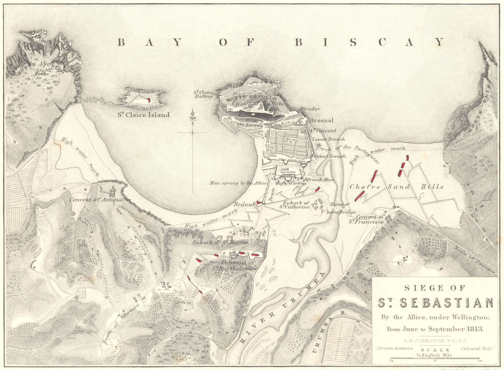 SIEGE OF SAN SEBASTIAN. Wellington June-Sept 1813. Spain 1848 old antique map