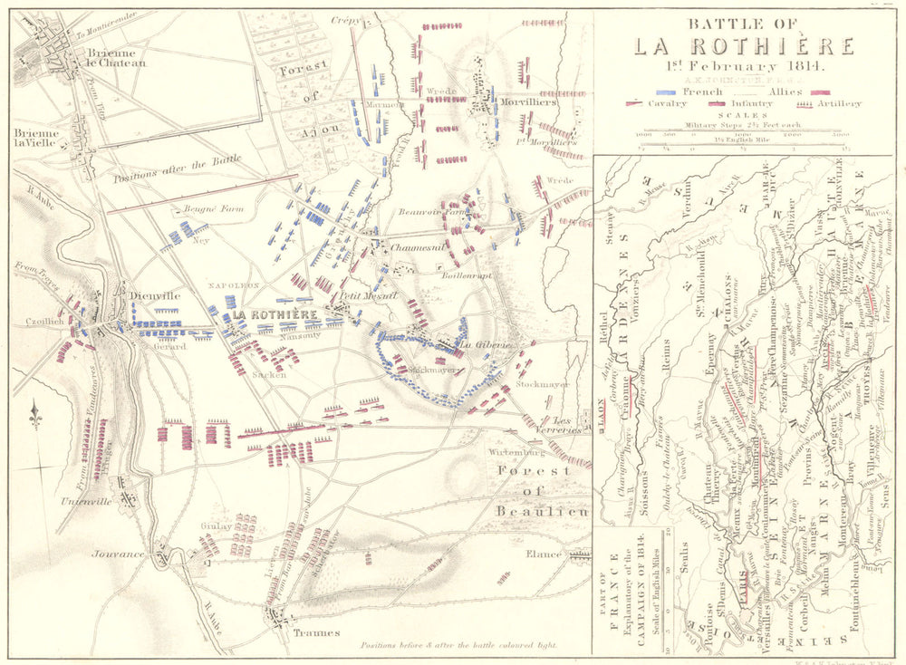 BATTLE OF ROTHIÈRE 1 Feb 1814. Brienne-le-Chateau Dienville Morvilliers 1848 map