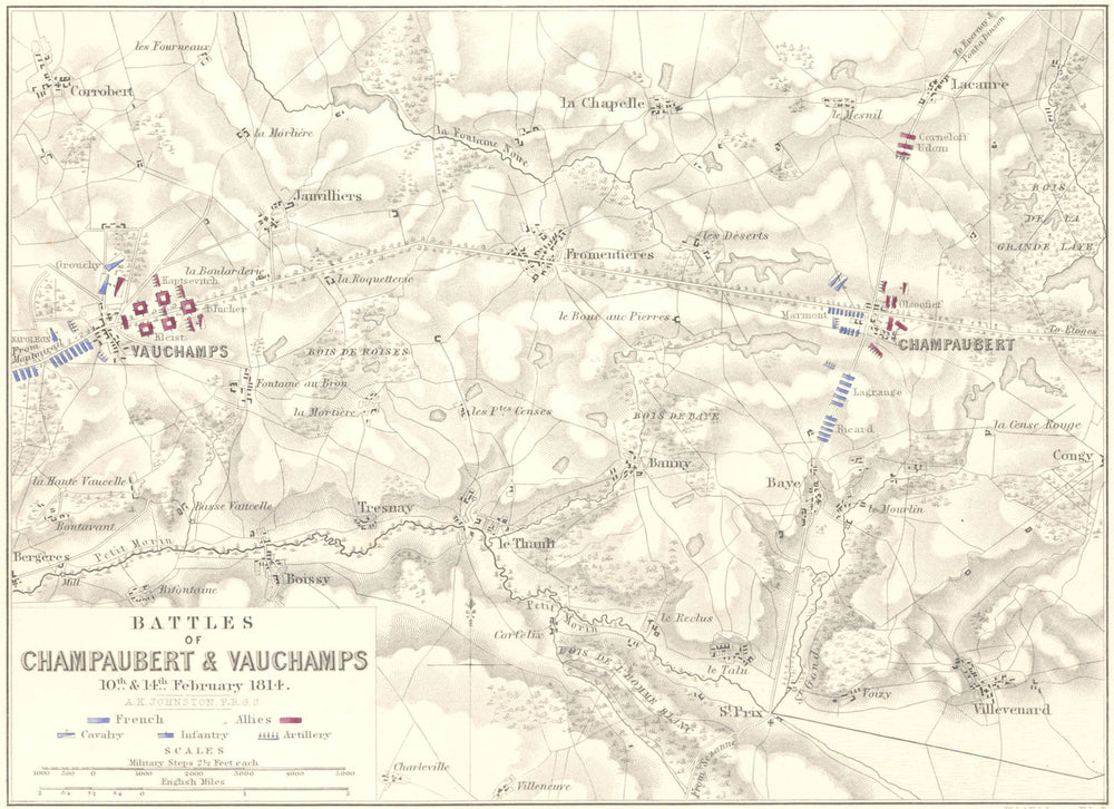 BATTLES OF CHAMPAUBERT & VAUCHAMPS. 10th & 14th February 1814. Marne 1848 map