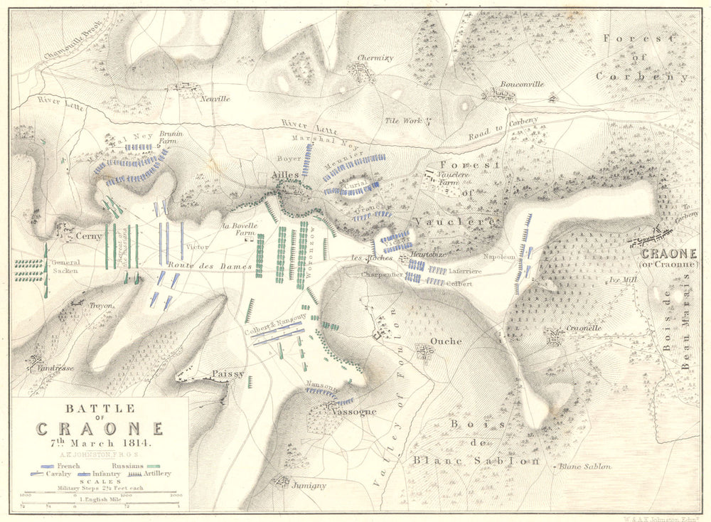 BATTLE OF CRAONNE. 7th March 1814. Aisne. Napoleonic Wars 1848 old antique map