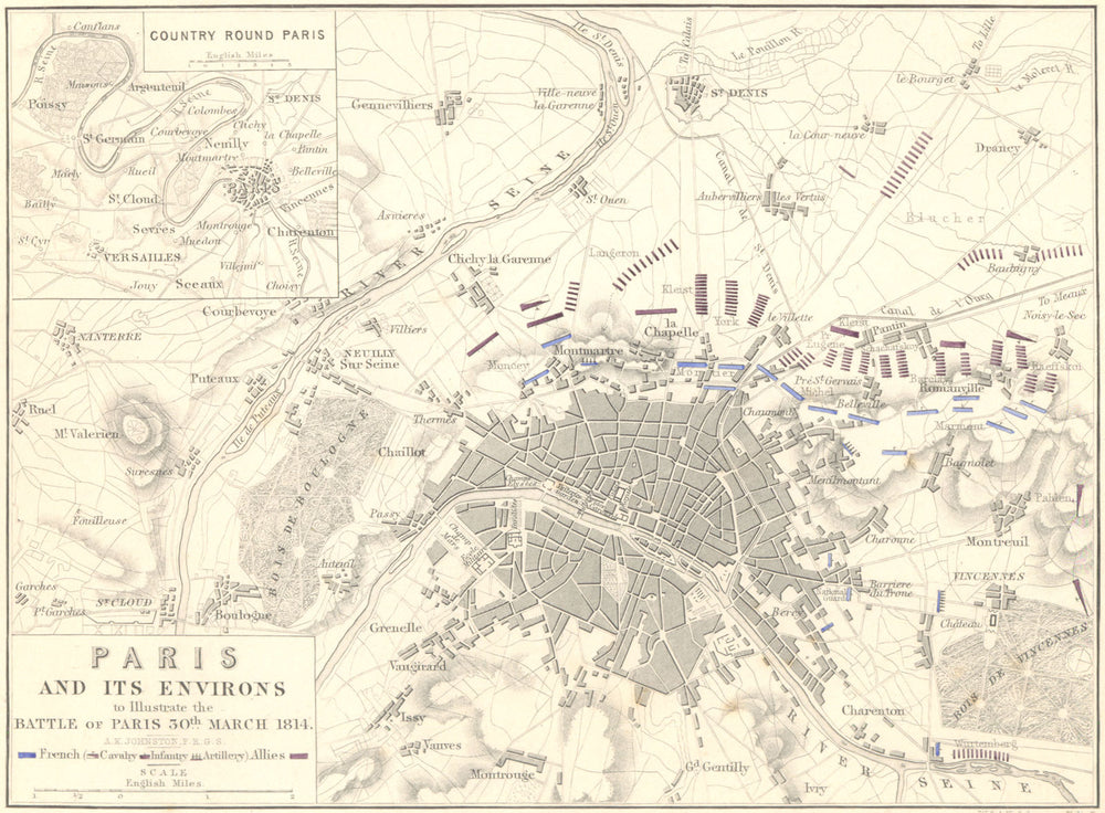 BATTLE OF PARIS. 30th March 1814. France. Napoleonic Wars 1848 old antique map