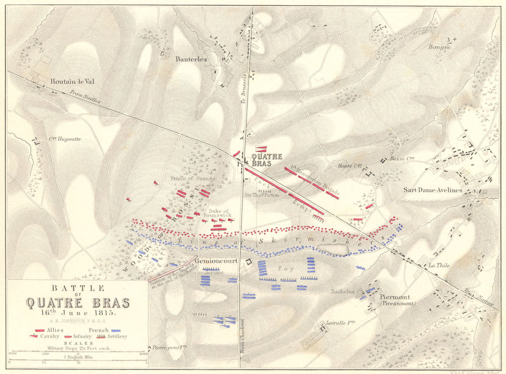 BATTLE OF QUATRE BRAS. 16th June 1815. Belgium. Napoleonic Wars 1848 old map