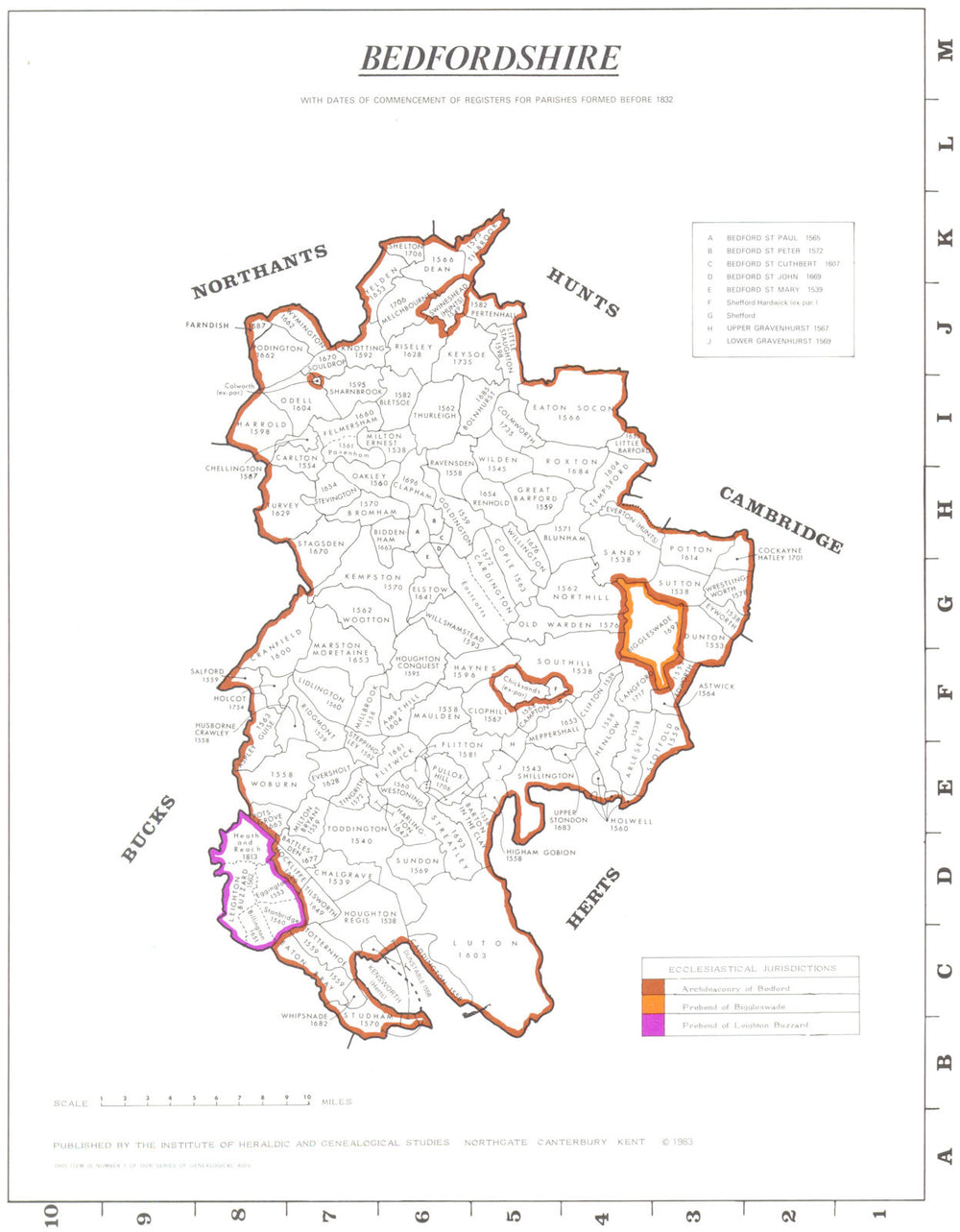 BEDFORDSHIRE. Parishes.Register start date.Ecclesiastical jurisdictions 1984 map