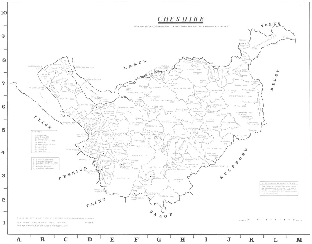CHESHIRE. Parishes.Register start date. Ecclesiastical jurisdictions 1984 map
