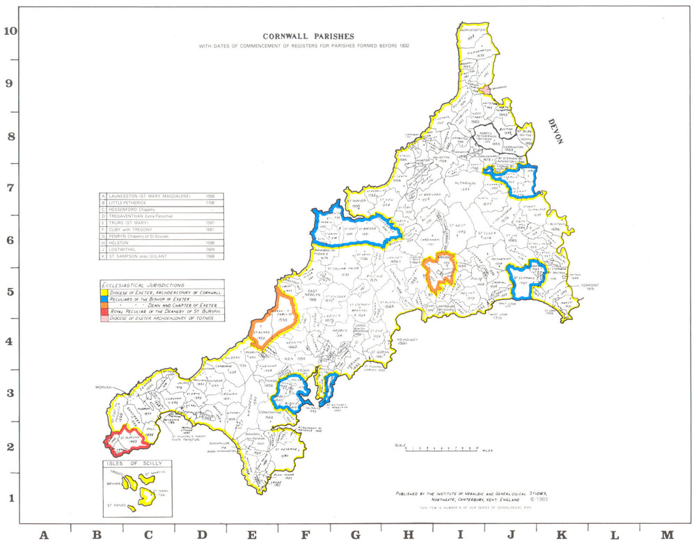 CORNWALL. Isles of Scilly. Parishes.Register start date.Ecclesiastical  1984 map