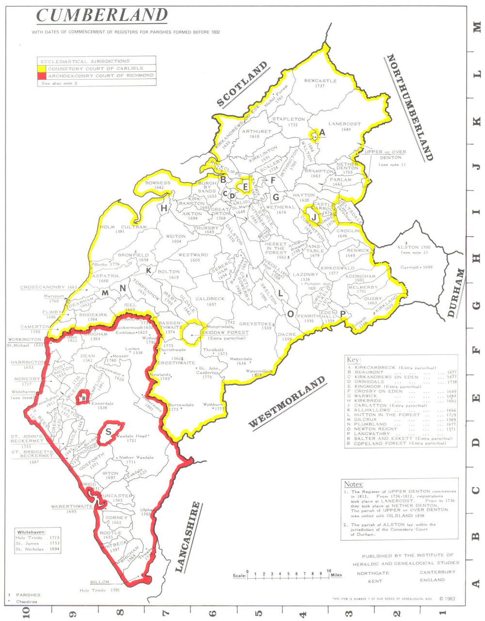 CUMBRIA. Parishes.Register start date. Ecclesiastical jurisdictions 1984 map