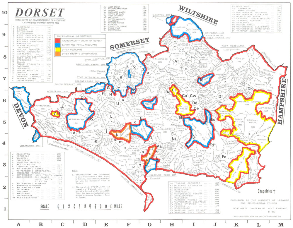 DORSET. Parishes.Register start date. Ecclesiastical jurisdictions 1984 map