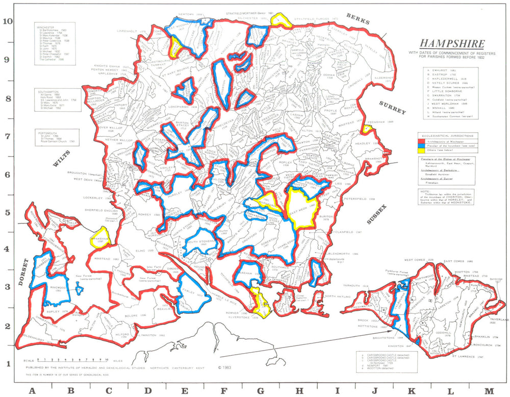 HAMPSHIRE. Parishes.Register start date. Ecclesiastical jurisdictions 1984 map