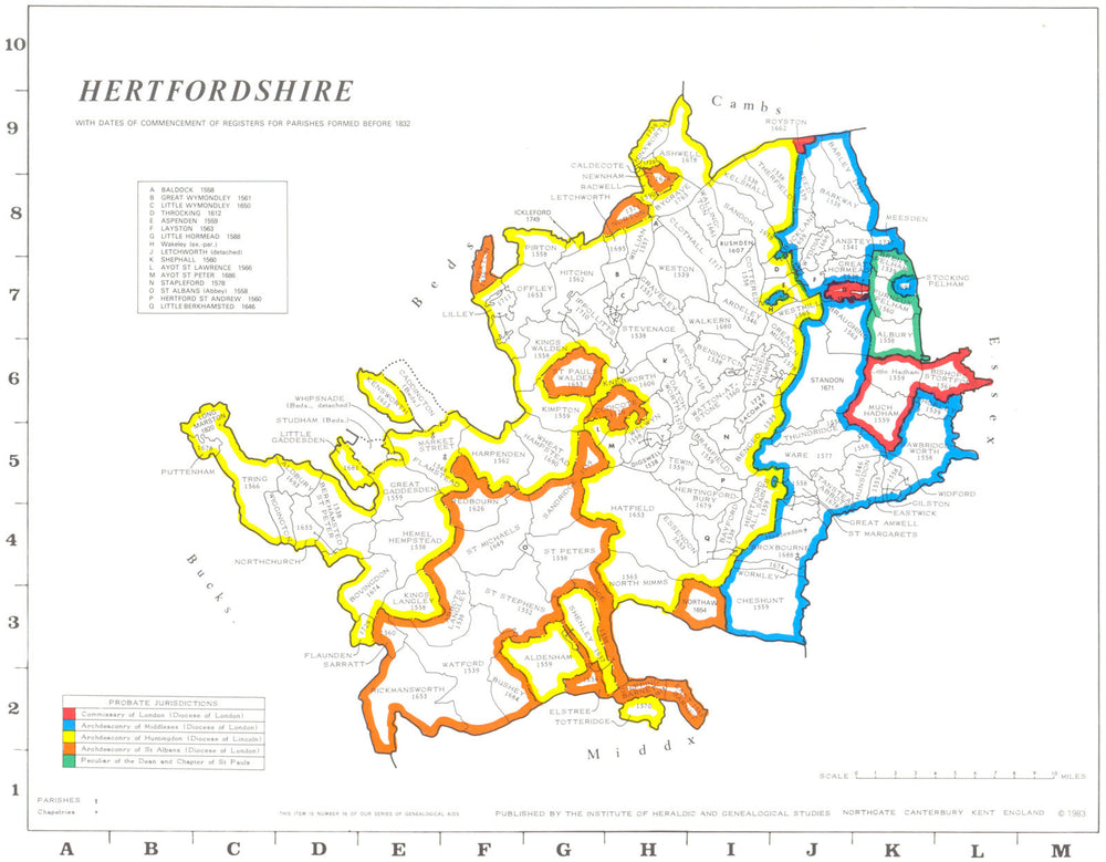 HERTS. Parishes.Register start date. Ecclesiastical jurisdictions 1984 old map