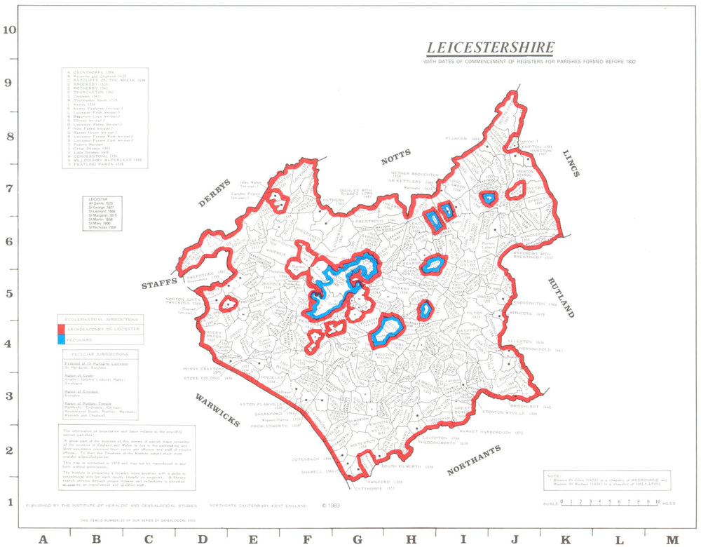 LEICESTERSHIRE. Parishes. Register start date. Ecclesiastical  1984 old map