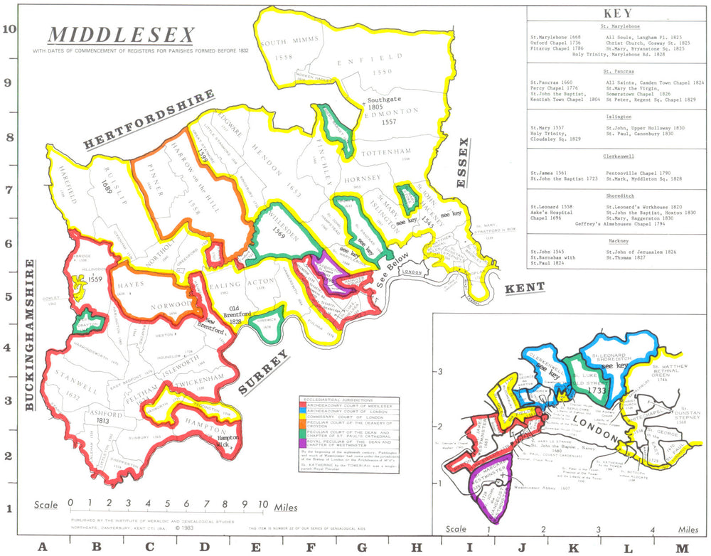 MIDDLESEX. London.  Parishes. Register start date. Ecclesiastical  1984 map