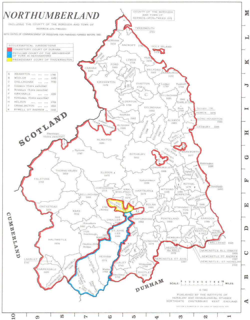 NORTHUMBERLAND. Parishes. Register start date. Ecclesiastical  1984 old map