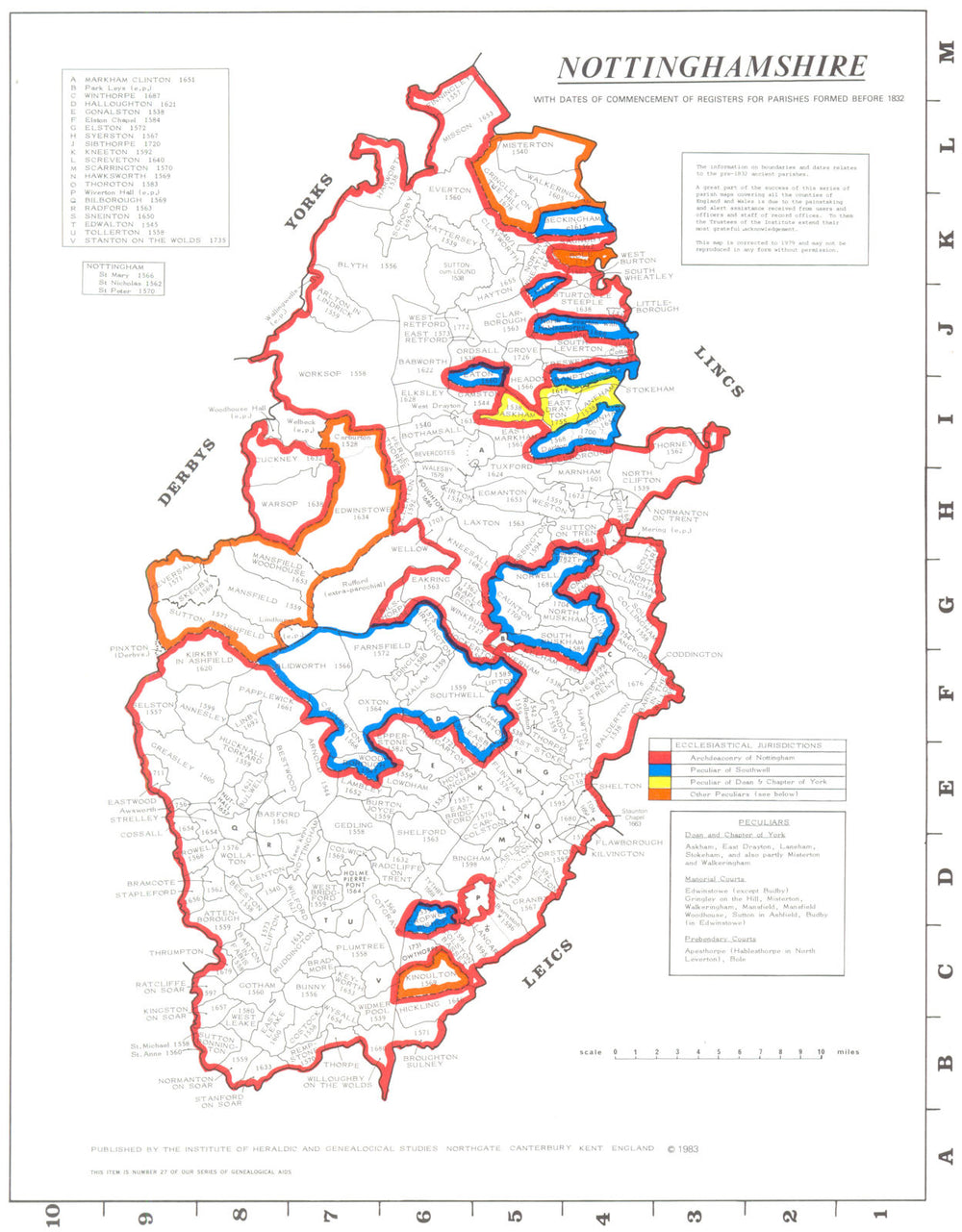NOTTINGHAMSHIRE. Parishes. Register start date. Ecclesiastical  1984 old map