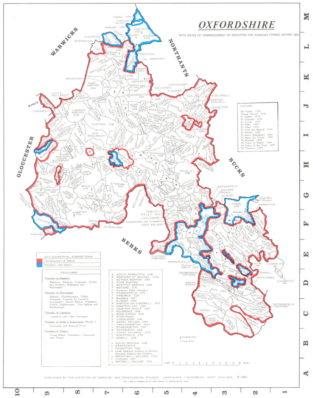 OXFORDSHIRE. Parishes.Register start date. Ecclesiastical jurisdictions 1984 map