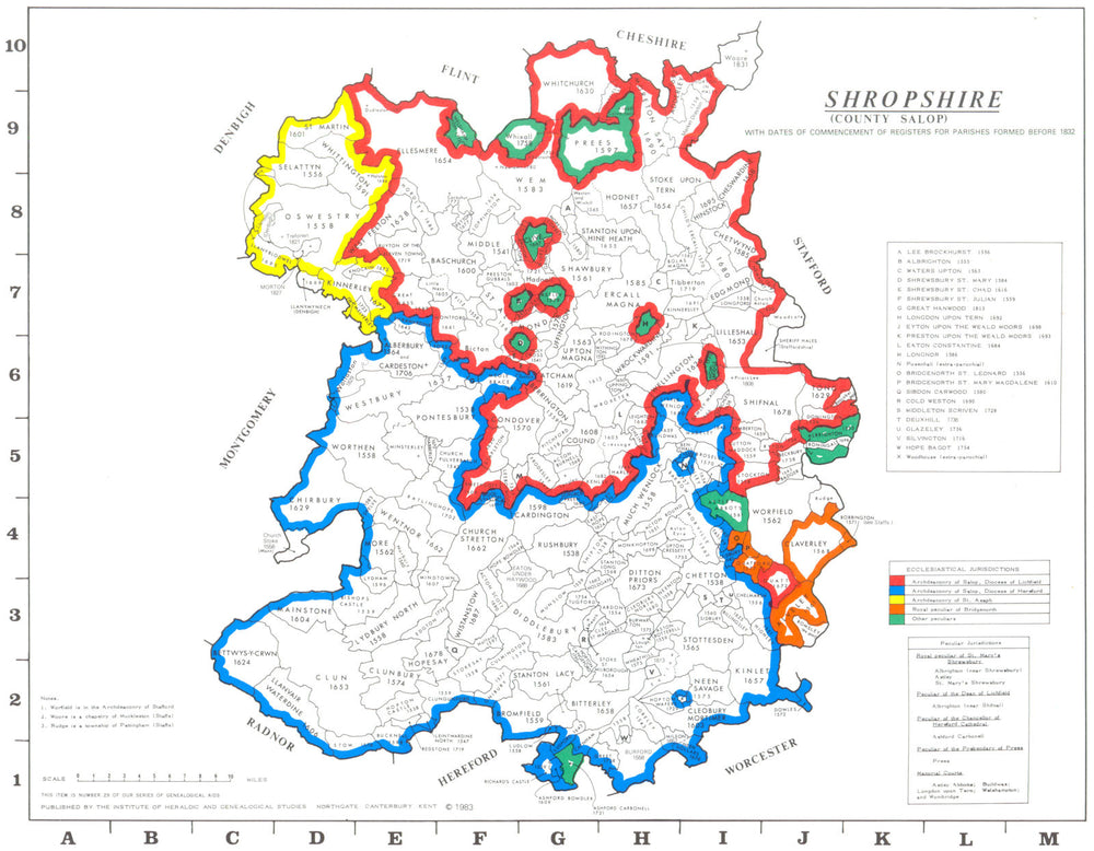 SHROPSHIRE. Parishes.Register start date. Ecclesiastical jurisdictions 1984 map