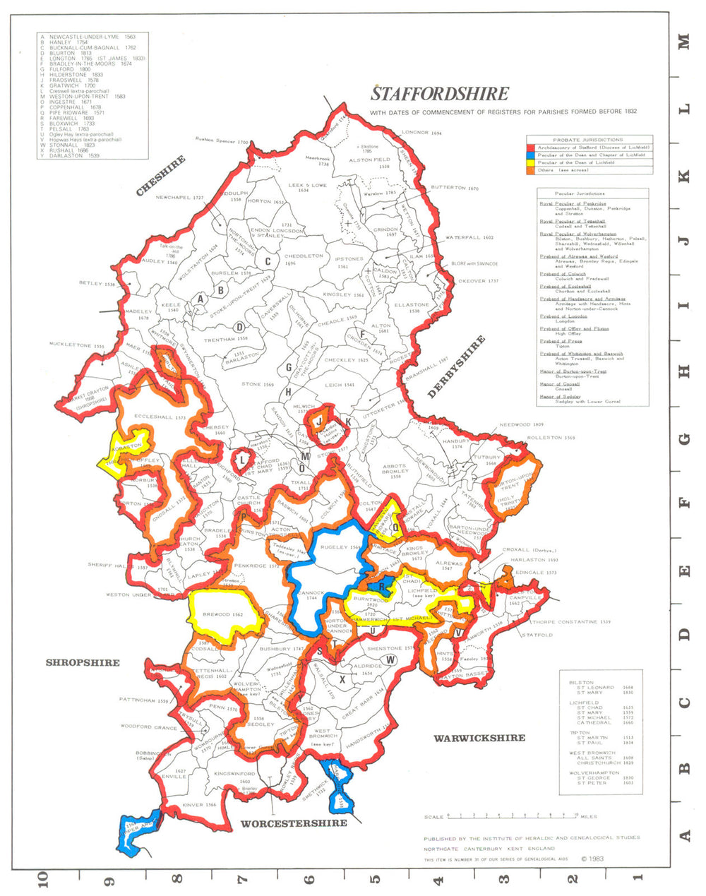 STAFFORDSHIRE.Parishes.Register start date.Ecclesiastical jurisdictions 1984 map