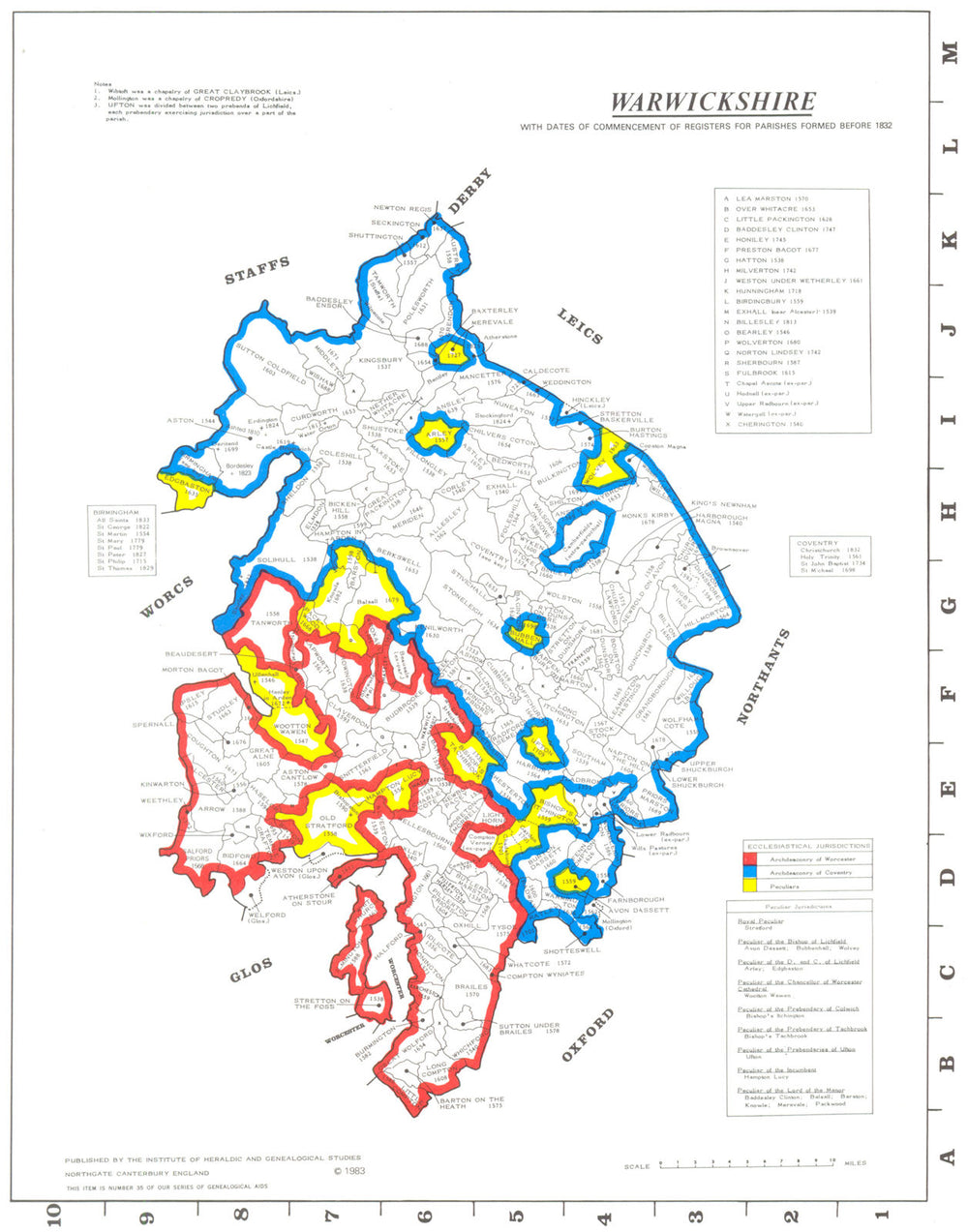 WARWICKSHIRE.Parishes.Register start date.Ecclesiastical jurisdictions 1984 map