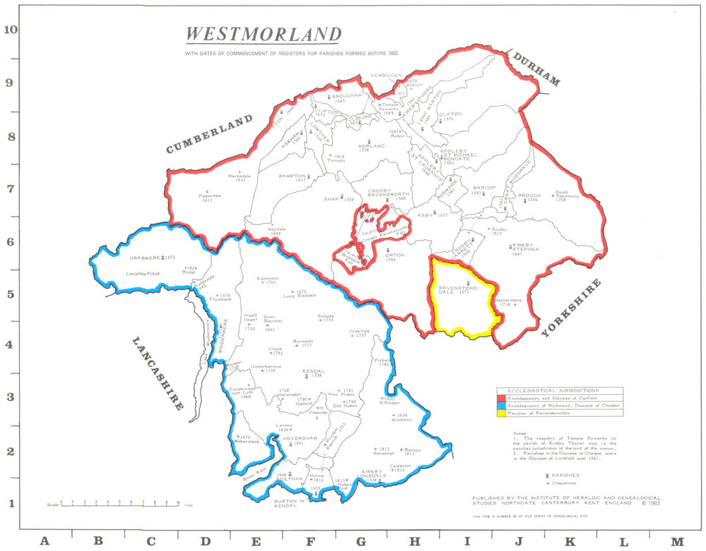WESTMORLAND. Parishes.Register start date. Ecclesiastical jurisdictions 1984 map