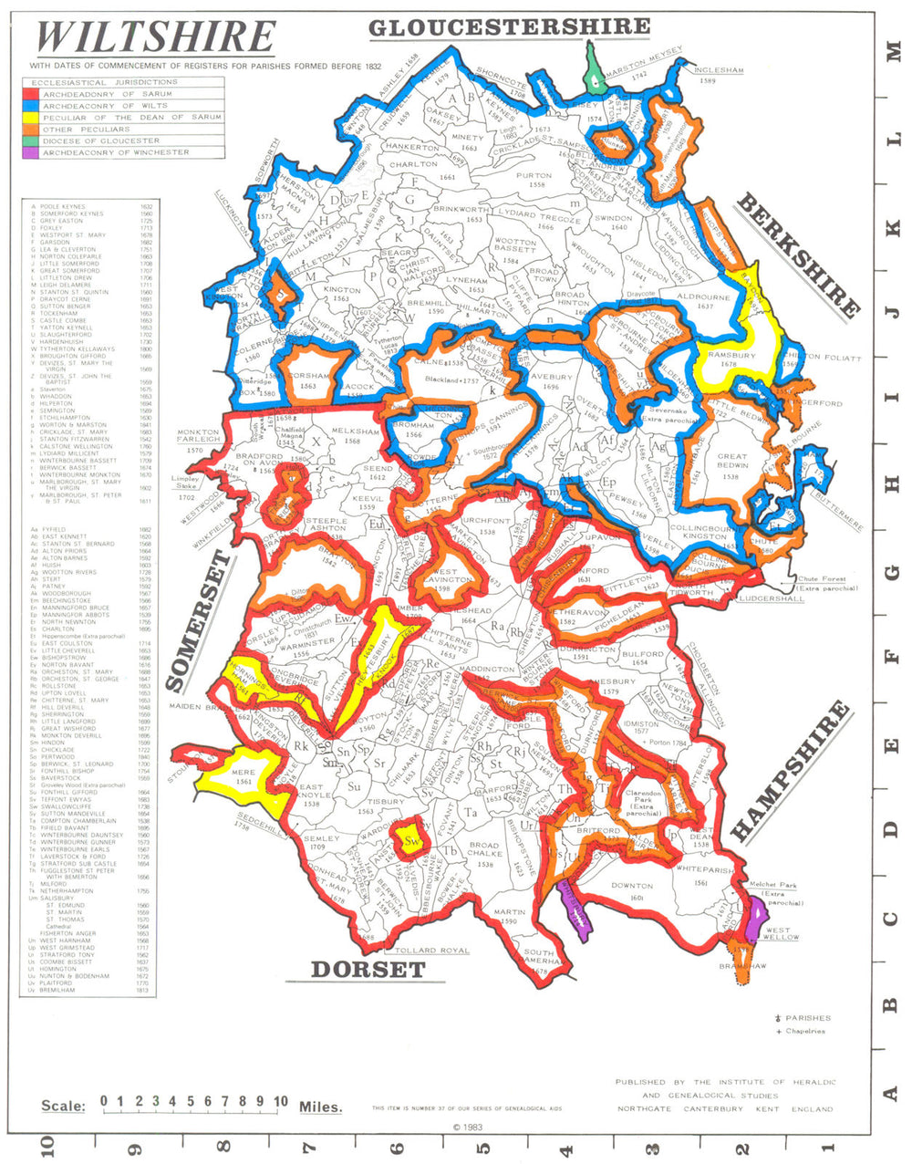WILTSHIRE. Parishes.Register start date. Ecclesiastical jurisdictions 1984 map