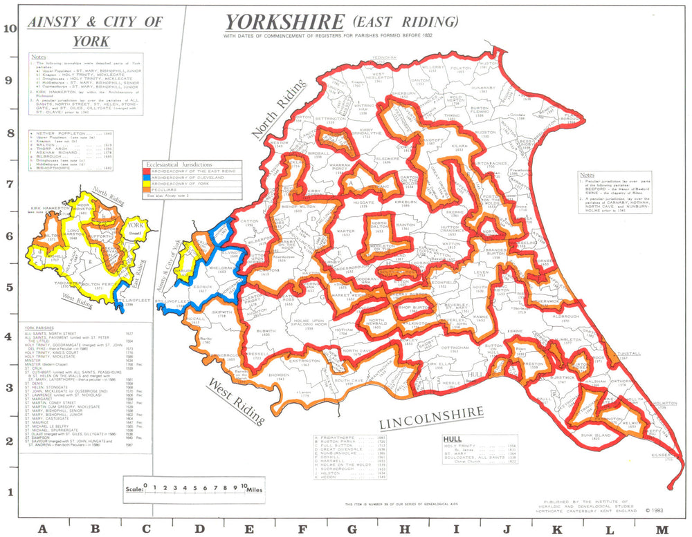 YORKSHIRE East Riding. Parishes. Register start date. Ecclesiastical  1984 map