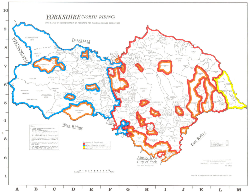 YORKSHIRE North Riding. Parishes. Register start date. Ecclesiastical 1984 map