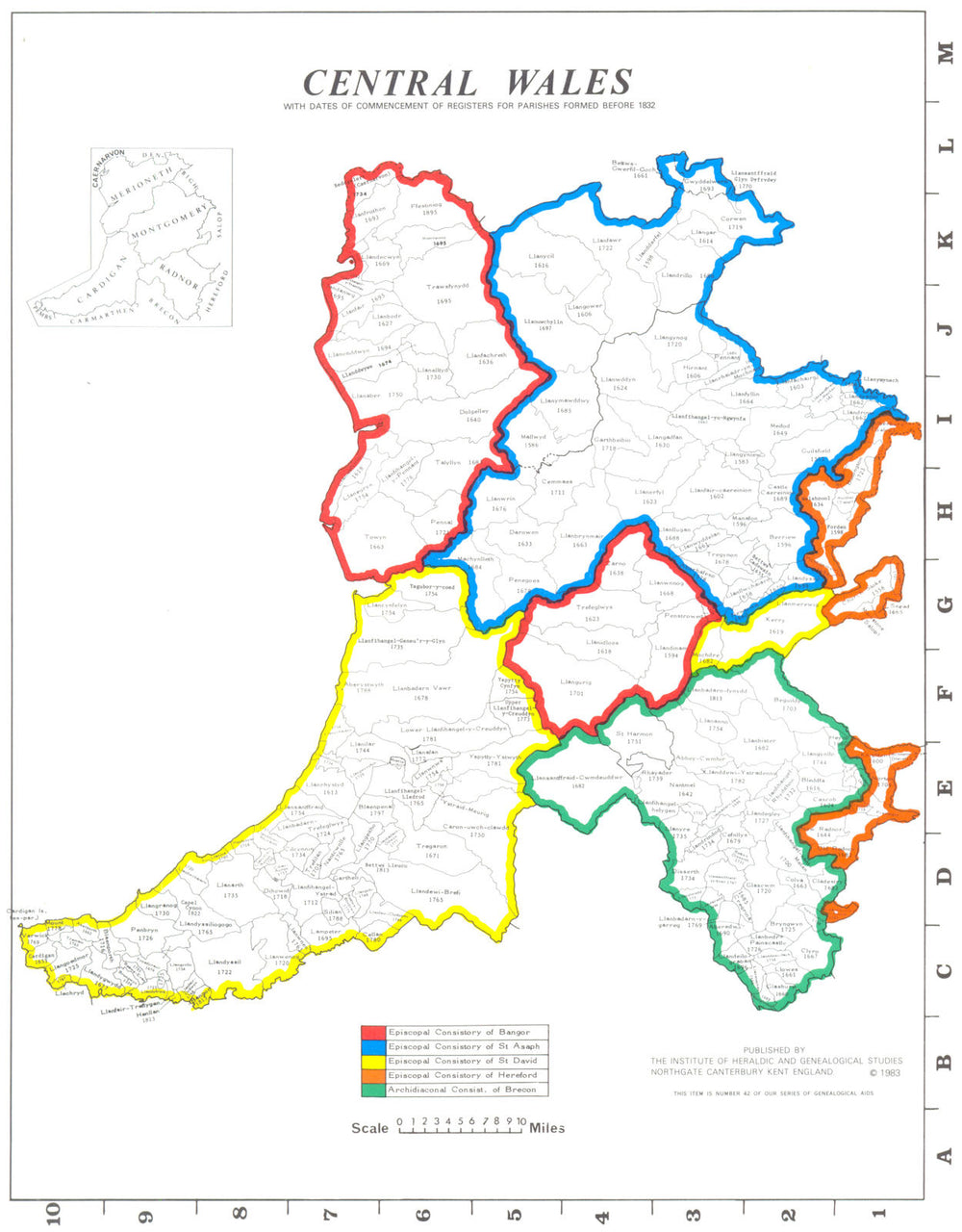 CENTRAL WALES.Parishes.Register start date.Ecclesiastical jurisdictions 1984 map