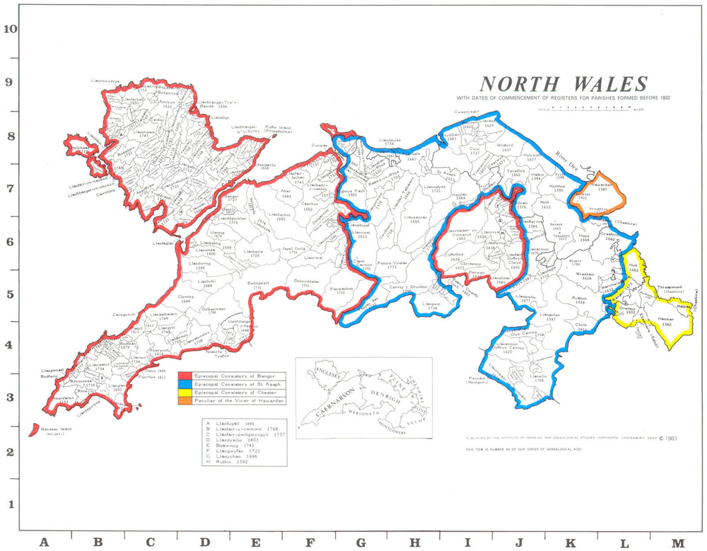 NORTH WALES. Parishes.Register start date. Ecclesiastical jurisdictions 1984 map