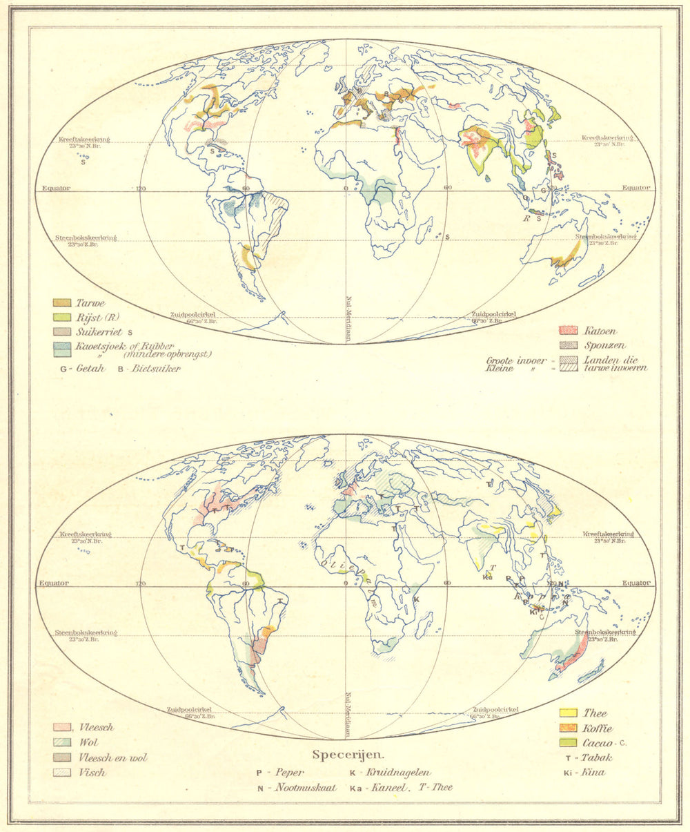 WORLD. Voortbrengselen; Specerijen 1922 old antique vintage map plan chart