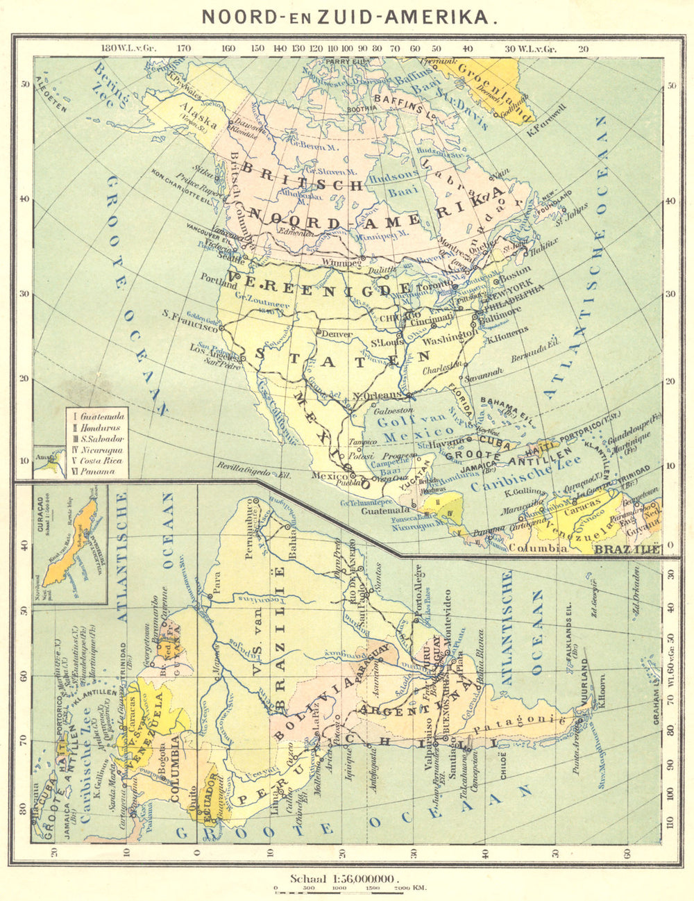 N AMERICA. Noord- Zuid- Amerika; Atlantische Oceaan (2)  1922 old antique map
