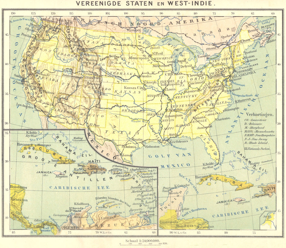 USA. Vereenigde Staten en West- Indië 1922 old antique vintage map plan chart