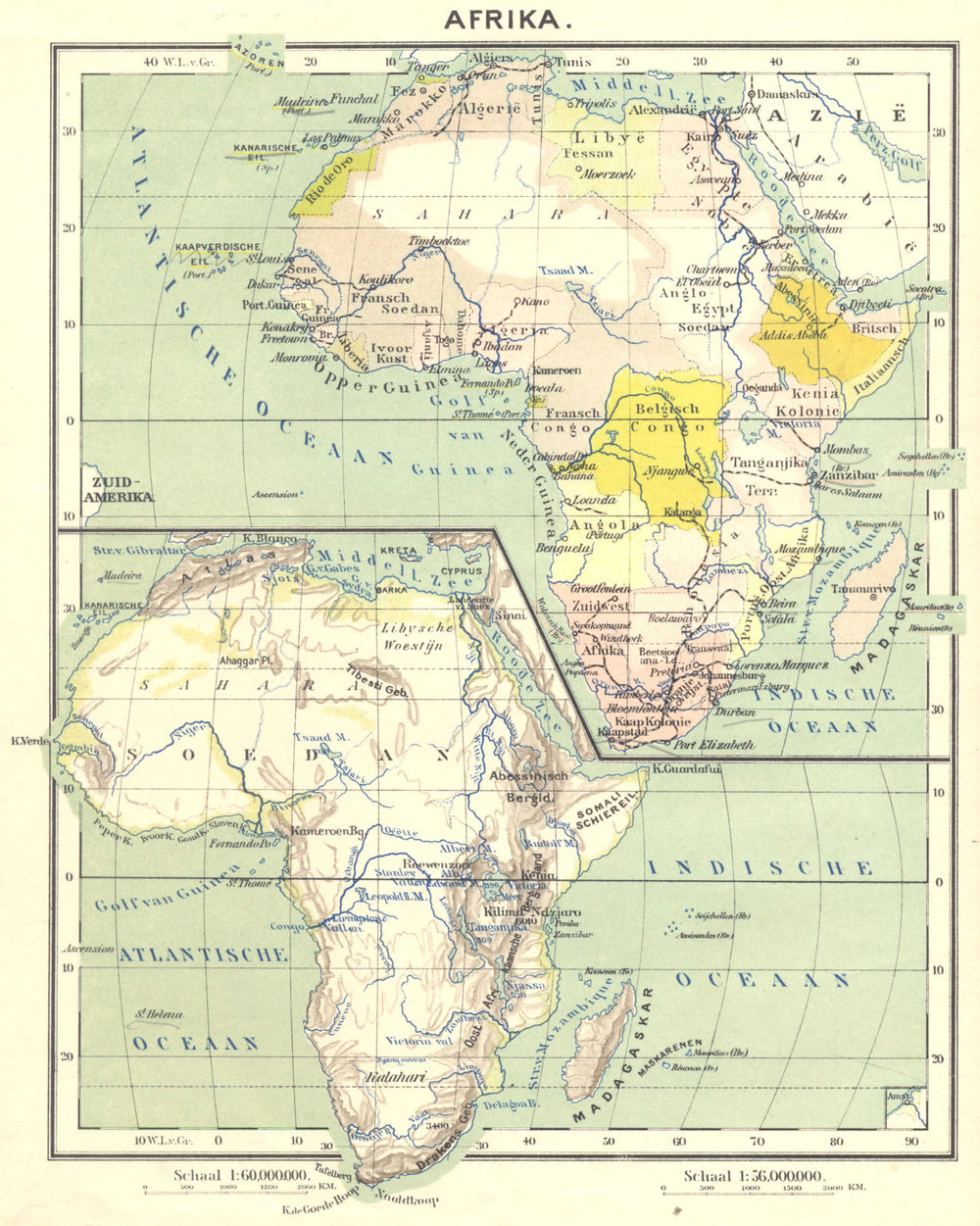 AFRICA. Afrika; Inset map of Indische Oceaan 1922 old antique plan chart