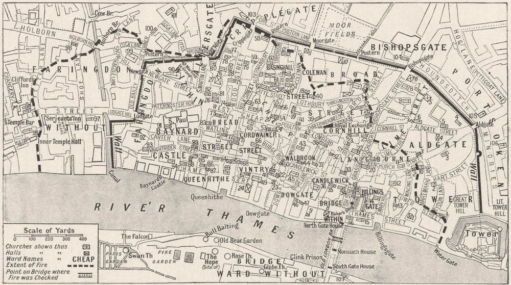 LONDON. City Churches, Wards Guildhalls before the Great fire 1926 old map