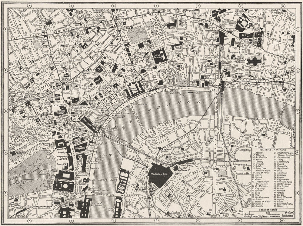 LONDON. Central. guide to theatres & main Cinemas 1926 old vintage map chart