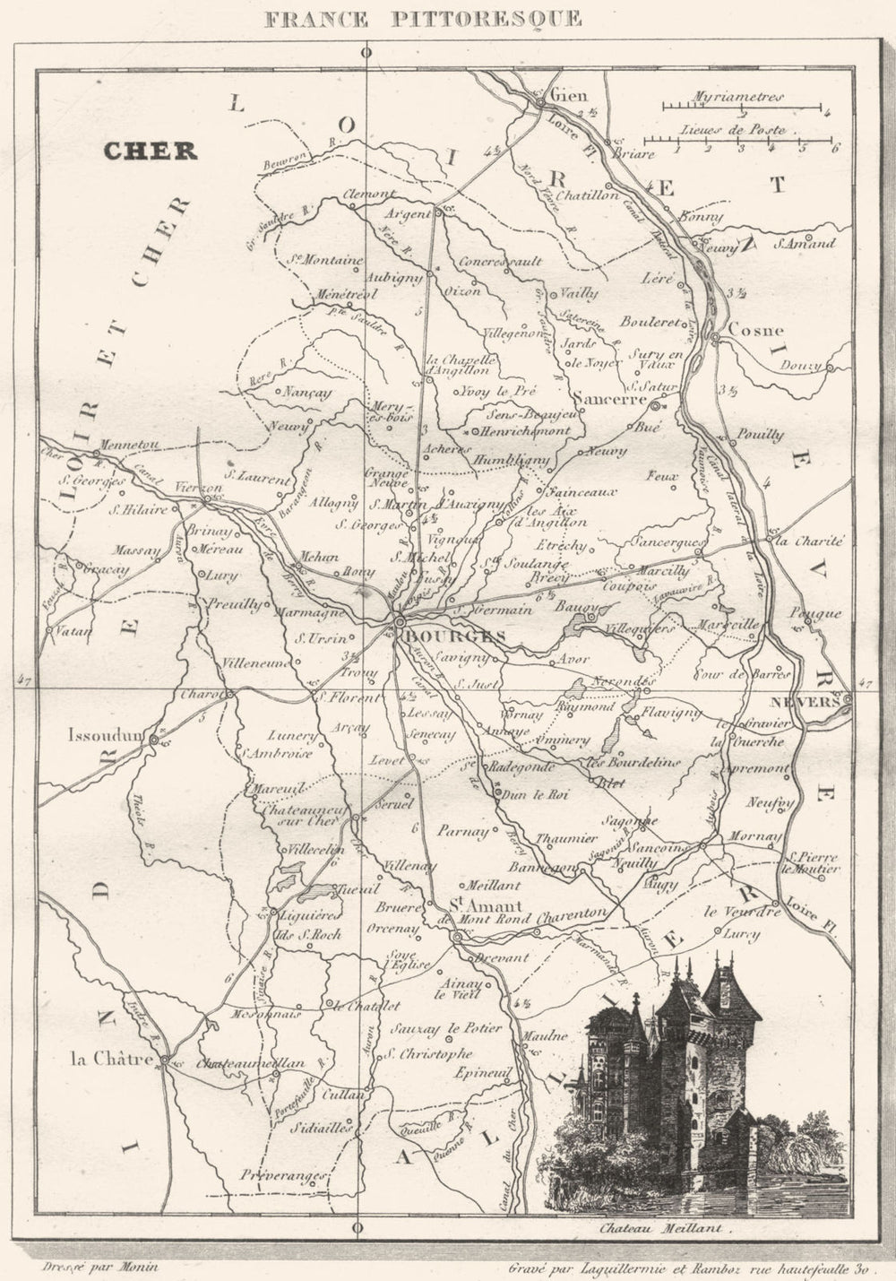 CHER. Cher. Département  1835 old antique vintage map plan chart