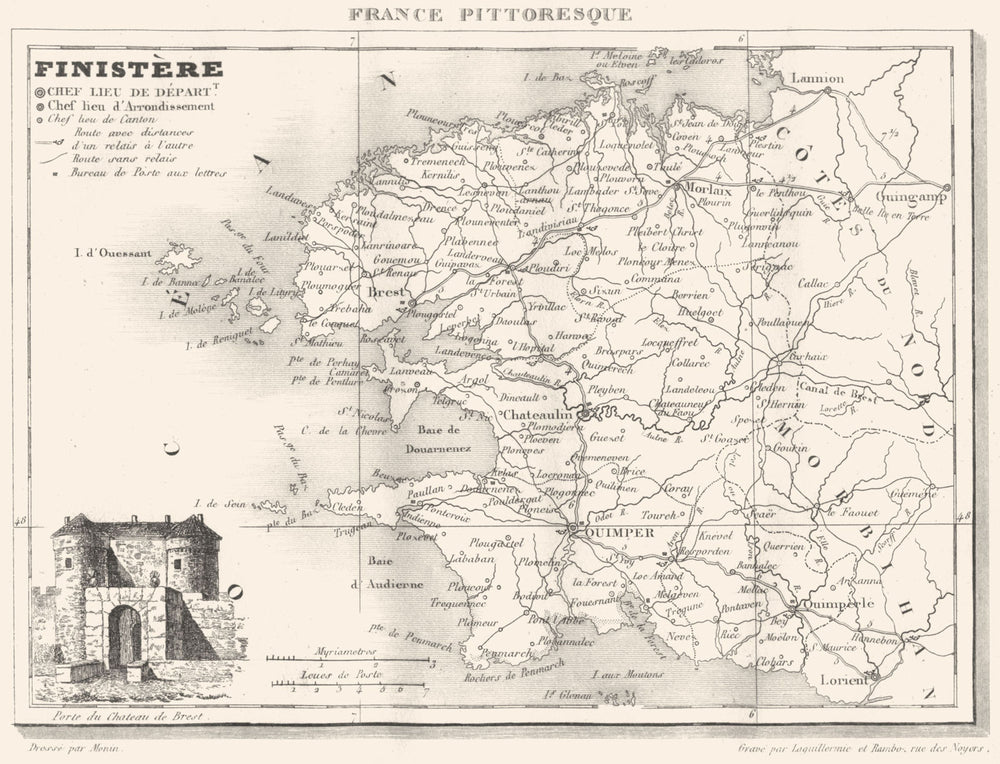 FINISTÈRE. Département du Finistère 1835 old antique vintage map plan chart